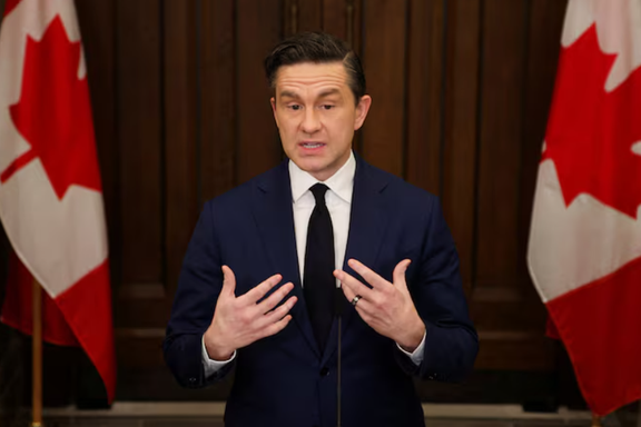 Conservative Party of Canada leader Pierre Poilievre speaks at a press conference.