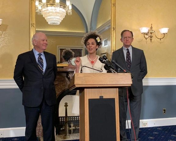 Senator Ben Cardin (D-MD), York-based human rights activist Masih Alinejad (center) and Senator Pat Toomey (R-PA)