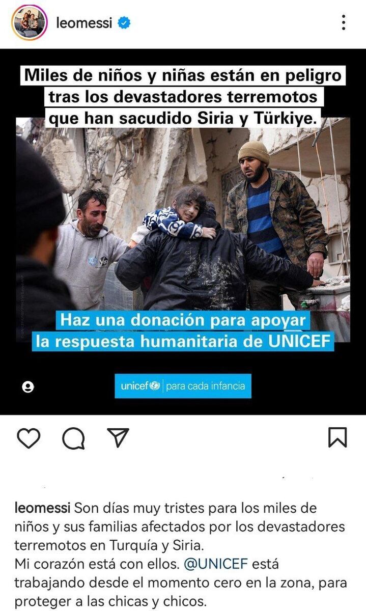 پست لیونل مسی برای زلزله‌زده‌های ترکیه و سوریه