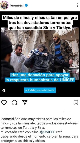 پست لیونل مسی برای زلزلهزدههای ترکیه و سوریه
