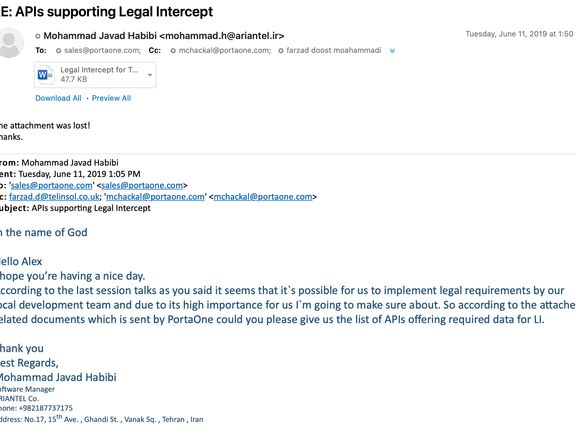 Screenshot of an email from Ariantel to PortaOne providing a project overview document including the required data for CRA Legal Intercept