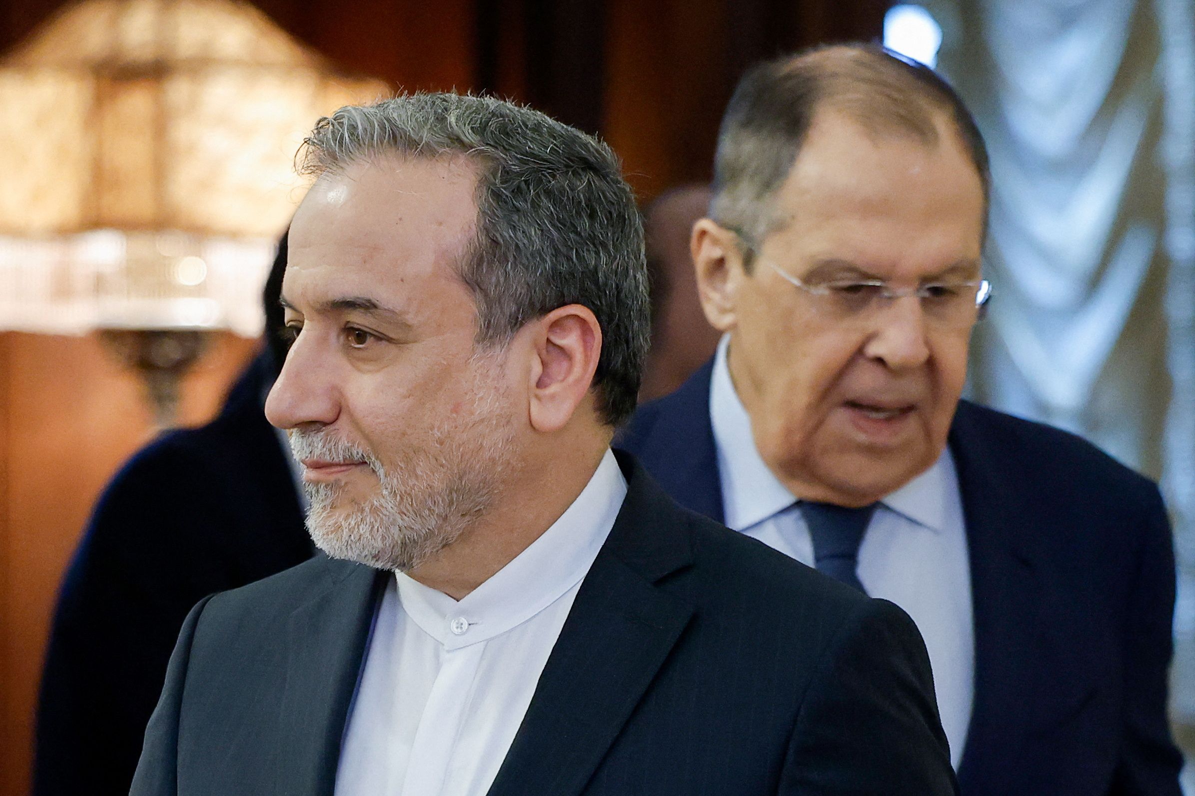 Russia's Foreign Minister Sergei Lavrov and Iran's Foreign Minister Abbas Araghchi enter a hall during a meeting in Moscow, Russia, April 18, 2025. 
