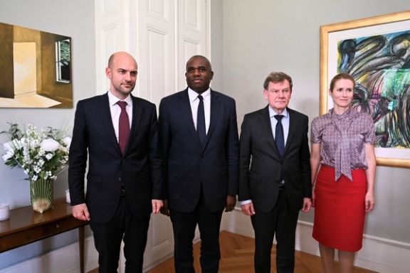 France's Minister for Europe and Foreign Affairs Jean-Noel Barrot, Britain's Foreign Secretary David Lammy, Germany's Foreign Minister Johann Wadephul and European Union High Representative for Foreign Affairs and Security Policy, Kaja Kallas, pose for photographs in the offices of the honorary Consul of the Federal Republic of Germany in Geneva, Switzerland June 20, 2025.