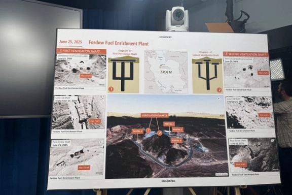 A poster is displayed of Iran's Fordow Fuel Enrichment Plant during a press briefing with US Defense Secretary Pete Hegseth and Chairman of the Joint Chiefs of Staff, Air Force General Dan Caine (both not pictured) at the Pentagon in Arlington, Virginia, June 26, 2025.