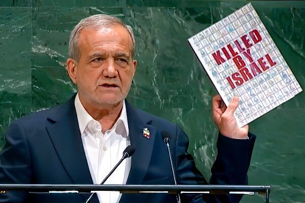 Iran's President Masoud Pezeshkian addresses the 80th United Nations General Assembly (UNGA) at the UN headquarters in New York, US, September 24, 2025. 