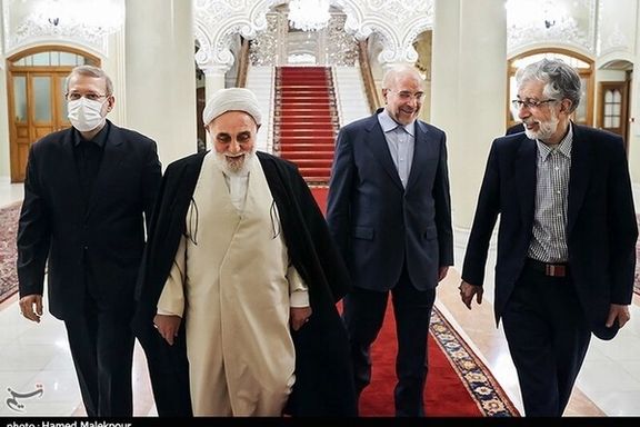 Former parliament speakers Ali Larijani (left), Ali Akbar Nategh-Nouri (2nd left), Gholam-Ali Haddad-Adel (right) and incumbent Mohammad-Bagher Ghalibaf during a meeting in April 2023