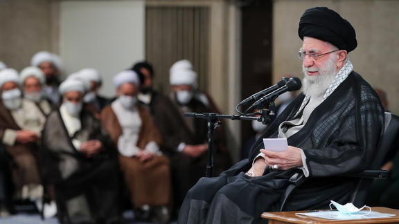 Iran’s Supreme Leader Ali Khamenei during a meeting with a group of clerics in Tehran on July 12, 2023