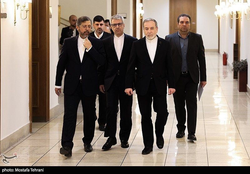 (From left) Iranian diplomats Saeed Khatibzadeh, Esmail Baghaei, Abbas Araghchi during a foreign policy event in Tehran on February 8, 2026 