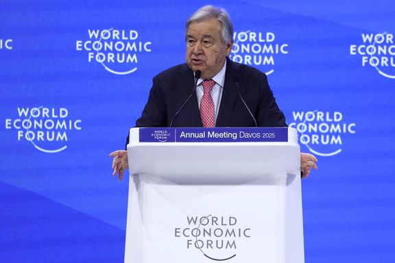 United Nations Secretary-General Antonio Guterres speaks during the 55th annual World Economic Forum (WEF) meeting in Davos, Switzerland, January 22, 2025.