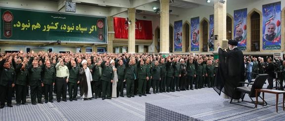 Iran’s ruler Ali Khamenei during a meeting with the Supreme Assembly of Commanders of Iran's Revolutionary Guards in Tehran on August 17, 2023
