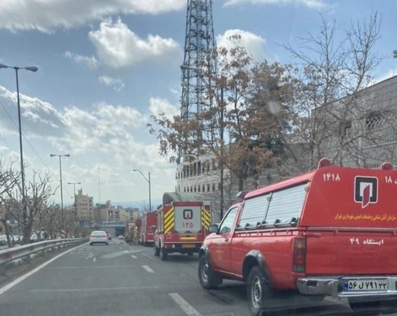 Fire trucks outside a telecommunication center in Tehran on Friday.