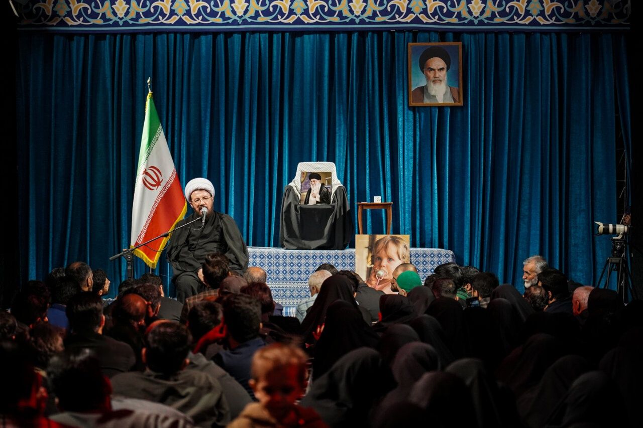 Mourners attend ceremonies at Ravagh Keshvardoust, a shrine-like mourning site set up near the place where Ali Khamenei was killed on Tehran’s Jomhouri Street. (June 2026) 