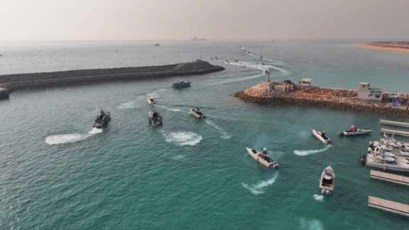 Islamic Revolutionary Guard Corps (IRGC) Navy's speedboats move during an exercise in Abu Musa Island, in this picture obtained on August 2, 2023. I