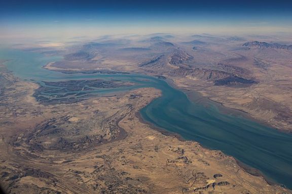 An aerial view of the Strait of Hormuz, between the Persian Gulf and the Gulf of Oman
