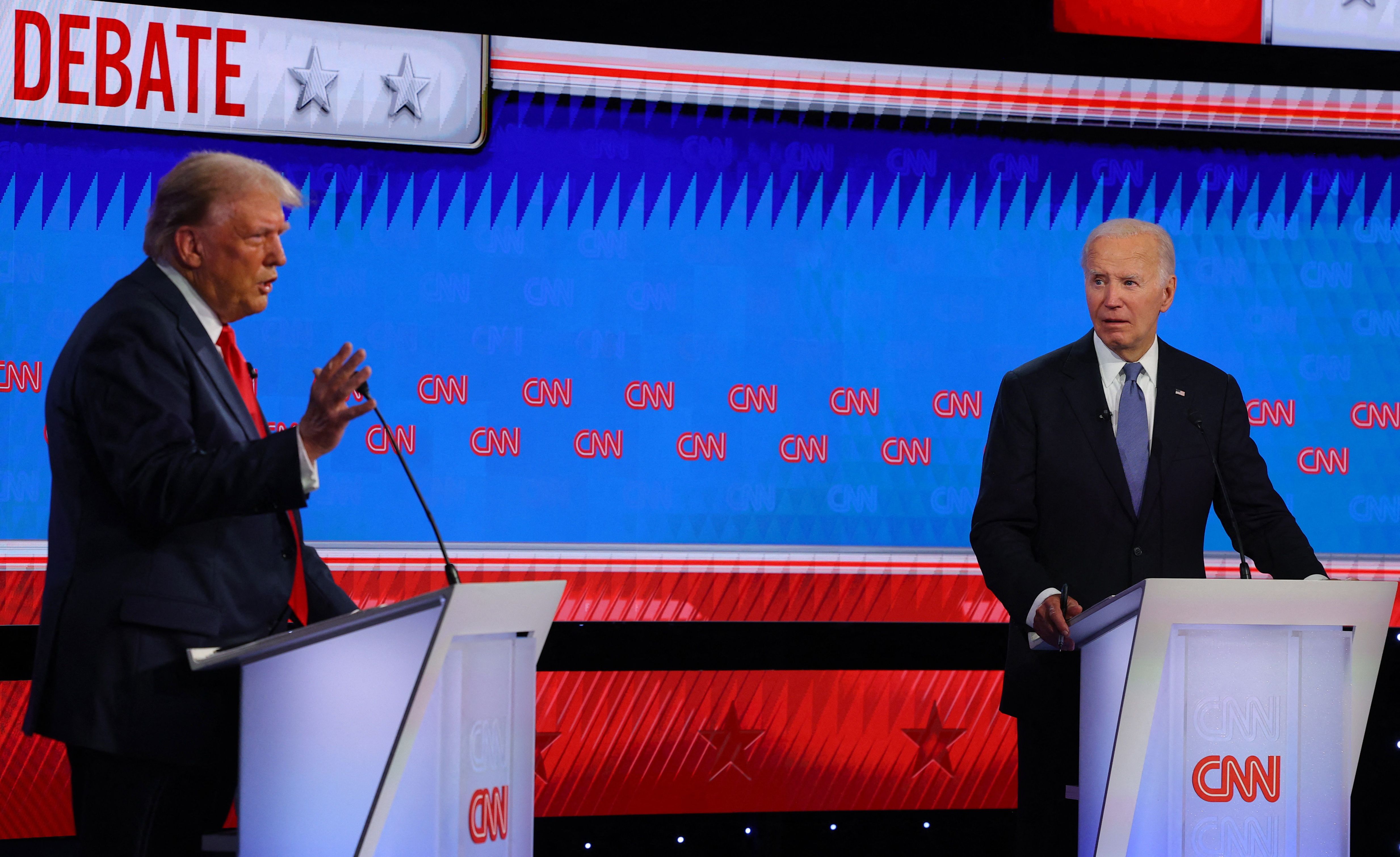 Republican candidate, former US President Donald Trump, speaks as he attends a presidential debate with the former Democrat candidate, US President Joe Biden, in Atlanta, Georgia, US, June 27, 2024.