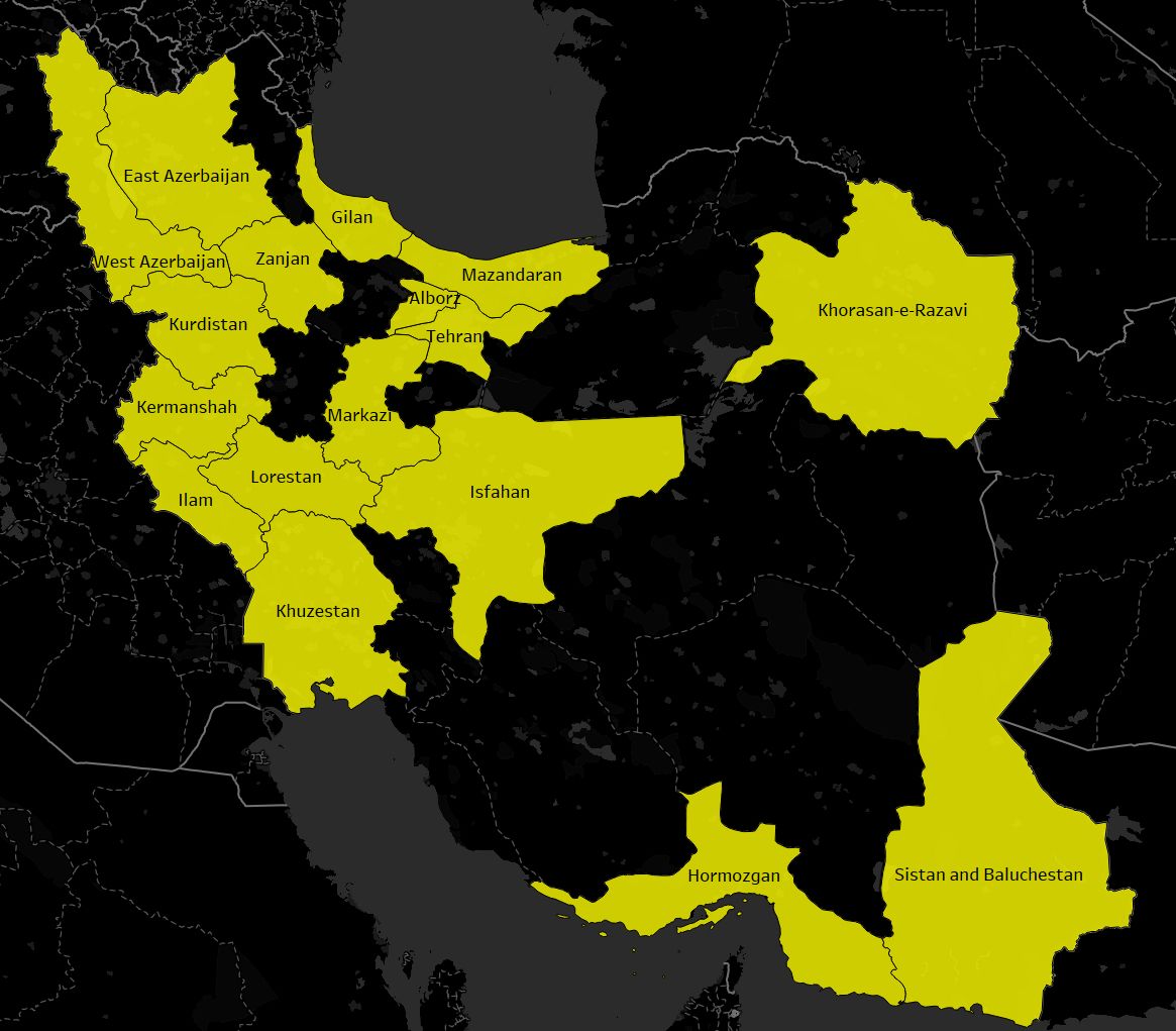 Map of Iran showing the 17 provinces where Amnesty International documented rape and other forms of sexual violence against protesters during the “Woman Life Freedom” uprising  Amnesty International
