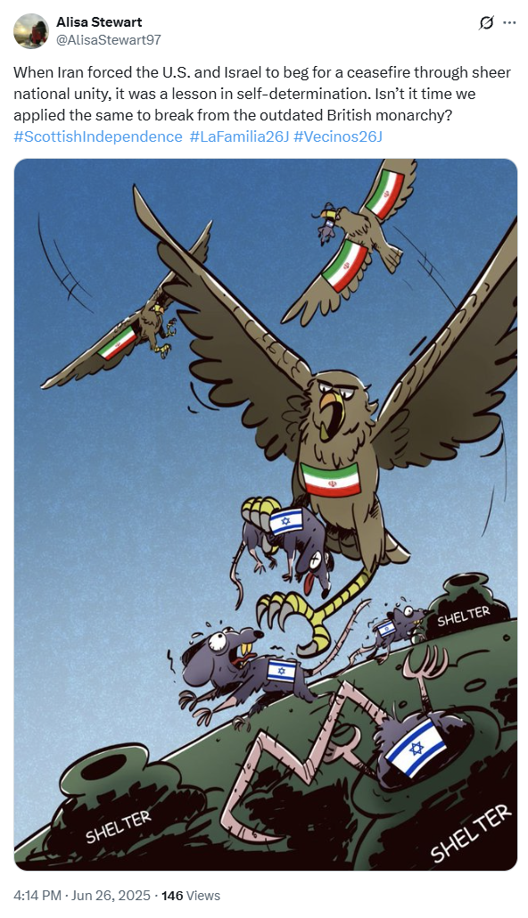 کاربری به نام آلیسا استوارت که خود را «با افتخار یک اسکاتلندی» و «در حال کشف زیبایی اسلام» معرفی کرده یکی از اکانت‌های جعلی منتسب به ارتش سایبری جمهوری اسلامی است