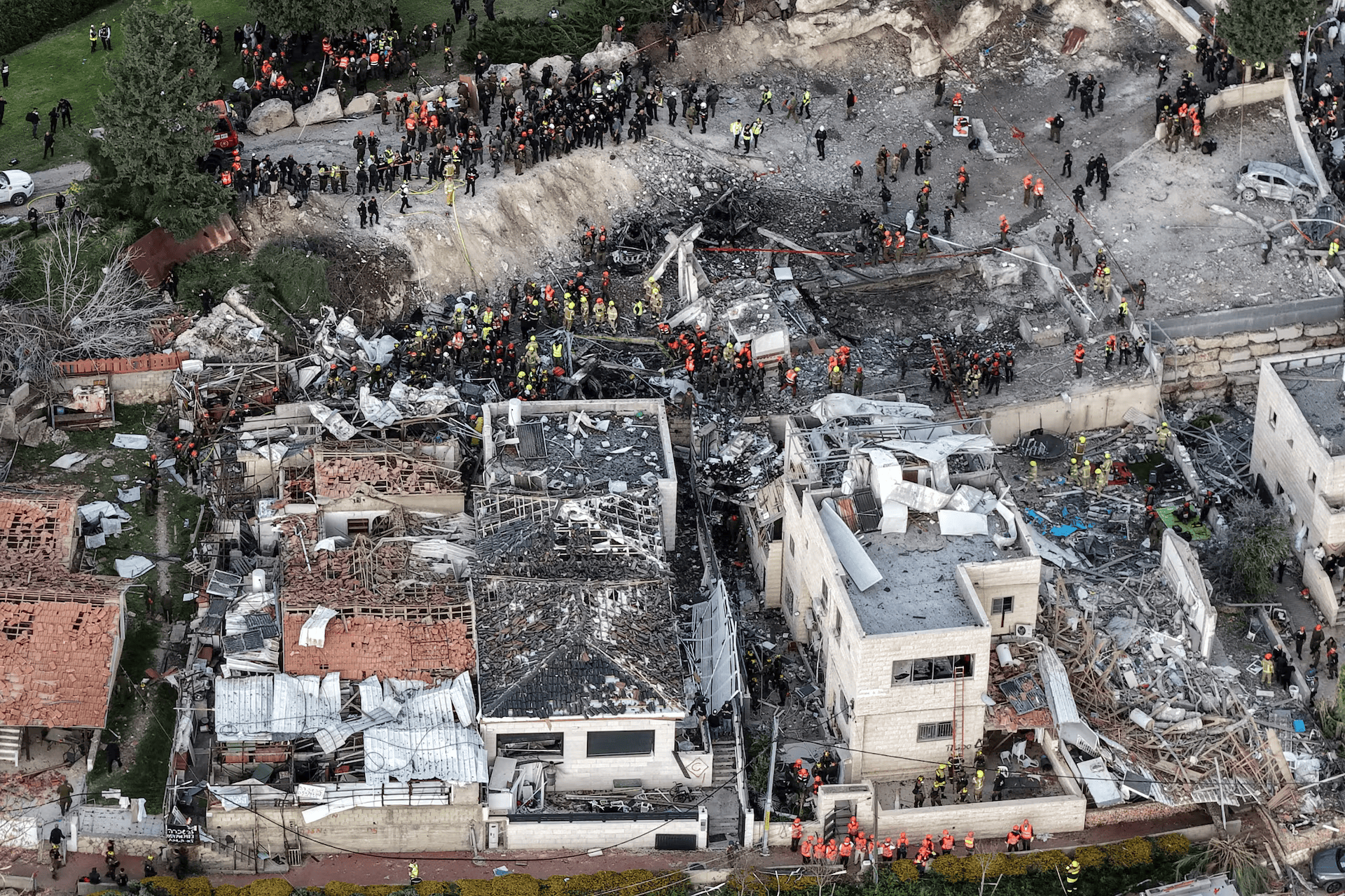 A drone view of the scene of a fatal Iranian strike in Beit Shemesh, Israel, March 1, 2026.