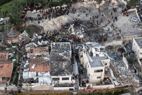 A drone view of the scene of a fatal Iranian strike in Beit Shemesh, Israel, March 1, 2026.