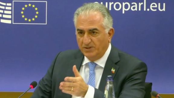 Prince Reza Pahlavi speaking at the European parliament in the Belgian capital Brussels on March 1, 2023