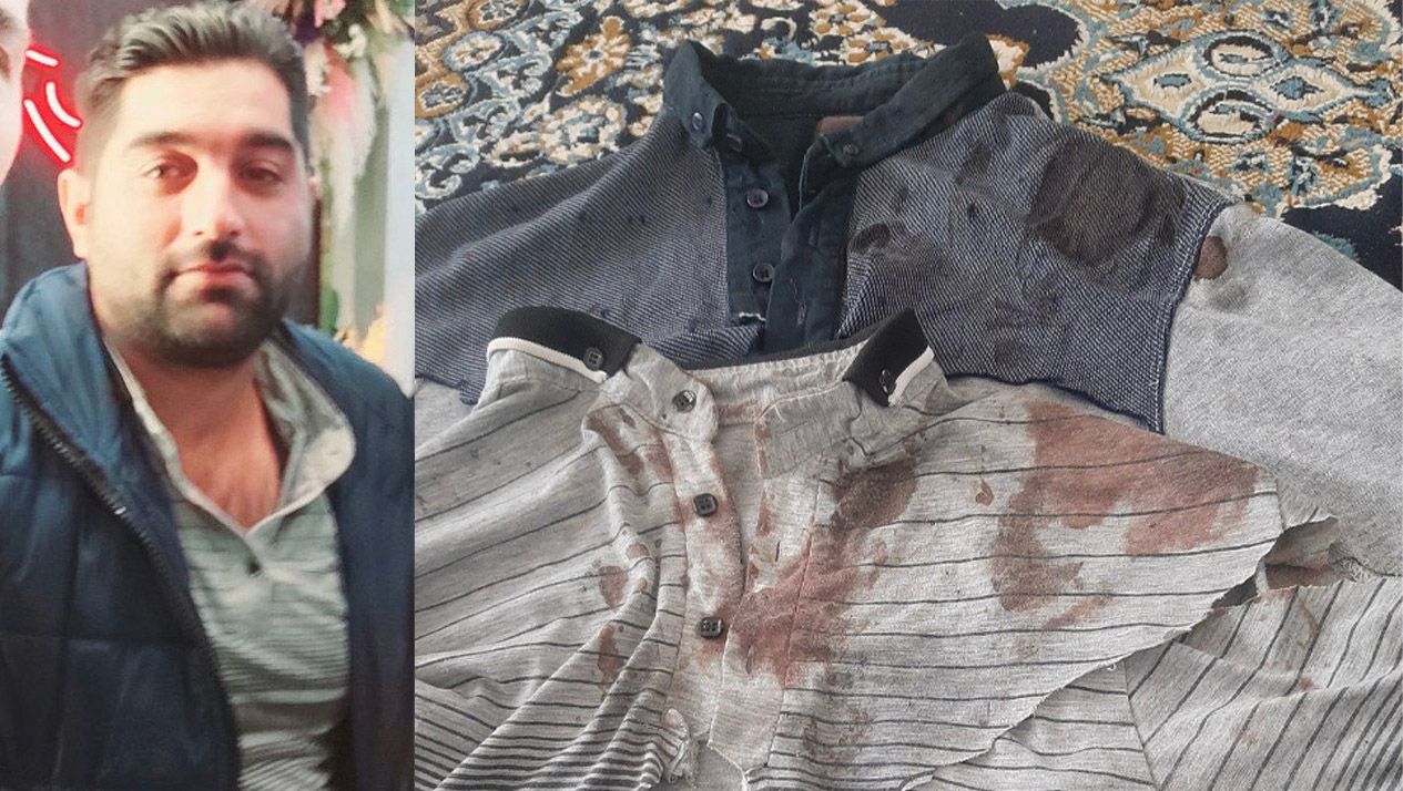 تصویر لباس‌های خونین مصیب نظامی به همراه تصویری از او که یکی از این پیراهن‌ها را به تن داشته است