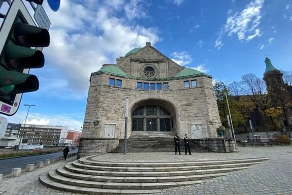 Police officers guard the Essen synagogue after several bullet holes where found this morning in a nearby building in Essen, Germany, November 18, 2022.