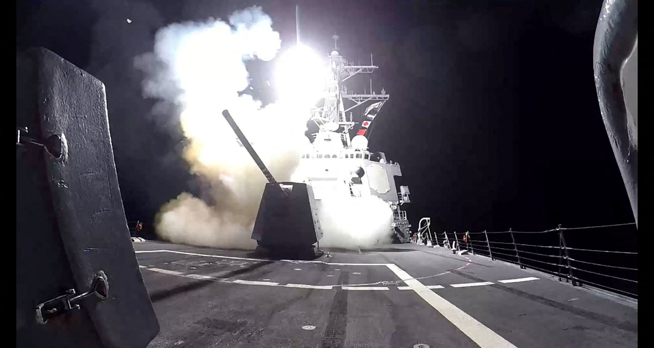 A Tomahawk land attack missile (TLAM) is launched from the US Navy Arleigh Burke-class guided missile destroyer USS Gravely against Houthi military targets in Yemen, February 3, 2024. 