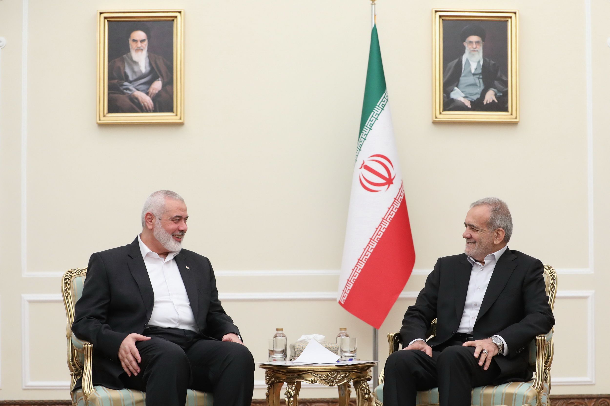 Ismail Haniyeh, Head of Hamas' Political Bureau (L) meet with Iran's President Masoud Pezeshkian (R) on July 30, 2024 in Tehran.