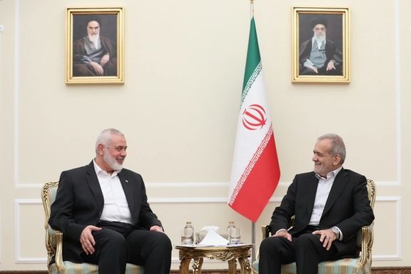 Ismail Haniyeh, Head of Hamas' Political Bureau (L) meet with Iran's President Masoud Pezeshkian (R) on July 30, 2024 in Tehran.