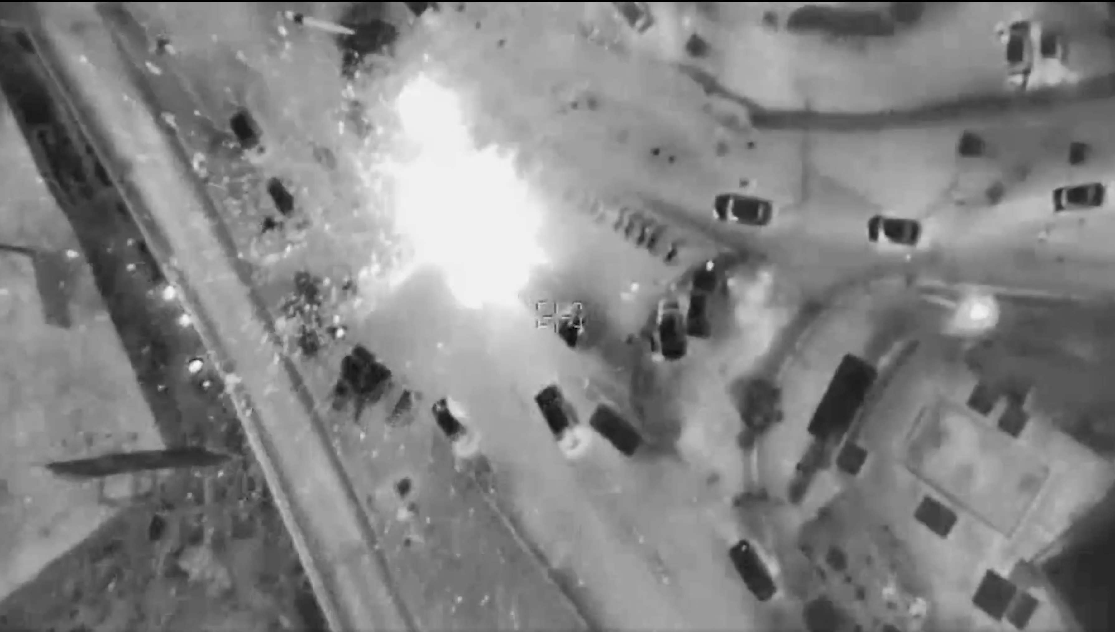 A screen grab from a video shared by the Israeli military showing a drone strike on a Basij force checkpoint  in Tehran, March 11, 2026.