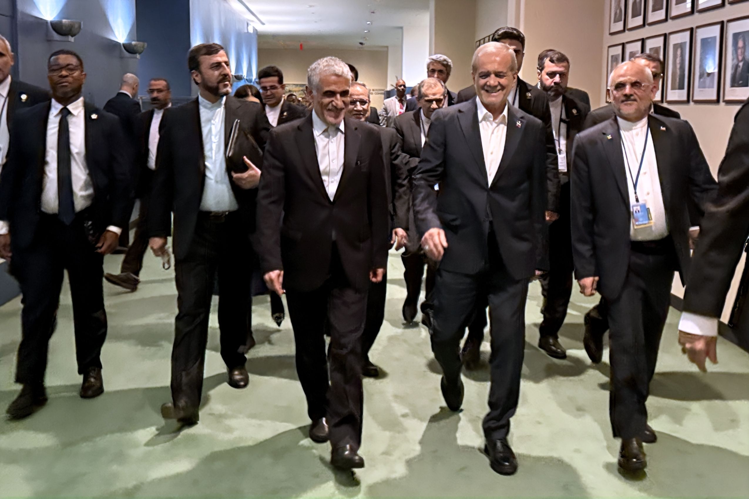 Iranian President Masoud Pezeshkian walks alongside the Iranian delegation to UN General Assembly Meeting, Sept. 24, 2025.