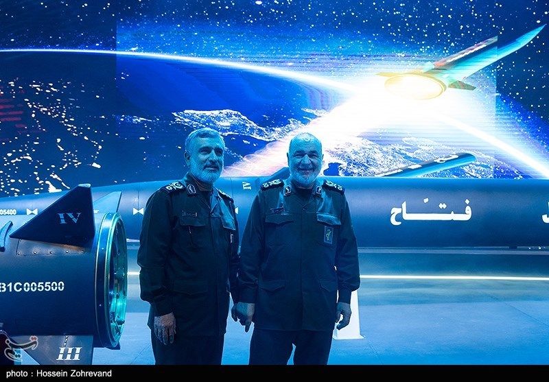 Revolutionary Guards Chief Commander Major General Hossein Salami (right) and IRGC Aerospace Force Commander Brigadier General Amir Ali Hajizadeh during a ceremony to showcase Iran’s hypersonic ballistic missile Fattah on June 6, 2023 