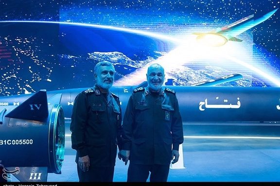 Revolutionary Guards Chief Commander Major General Hossein Salami (right) and IRGC Aerospace Force Commander Brigadier General Amir Ali Hajizadeh during a ceremony to showcase Iran’s hypersonic ballistic missile Fattah on June 6, 2023