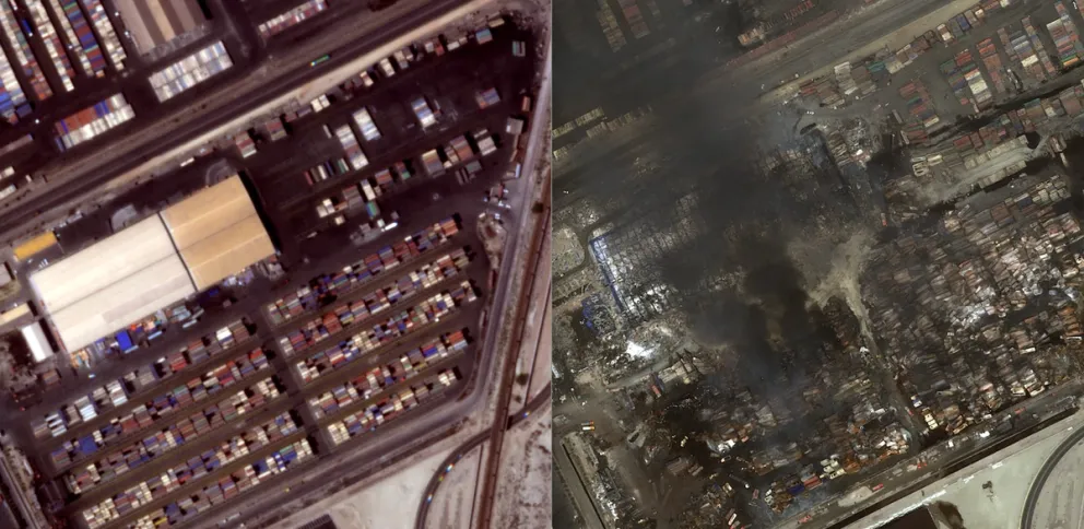 Complete destruction of Sina Company's 15-hectare yard in comparison with a photon taken a month before the explosion 