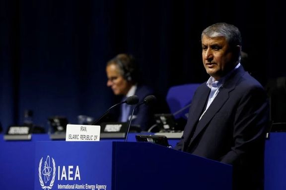 Head of Atomic Energy Organization of Iran Mohammad Eslami and International Atomic Energy Agency Director General Rafael Grossi attend the opening of the IAEA General Conference at their headquarters in Vienna, Austria, September 26, 2022.