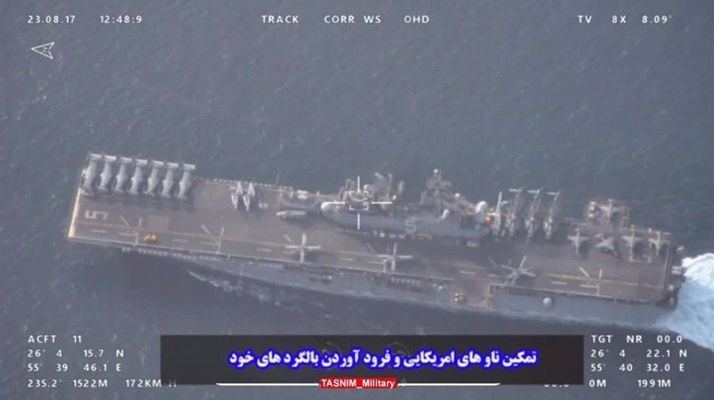 A screen grab from the IRGC video of surveilling US Navy ships in waters off the coast of the Strait of Hormuz