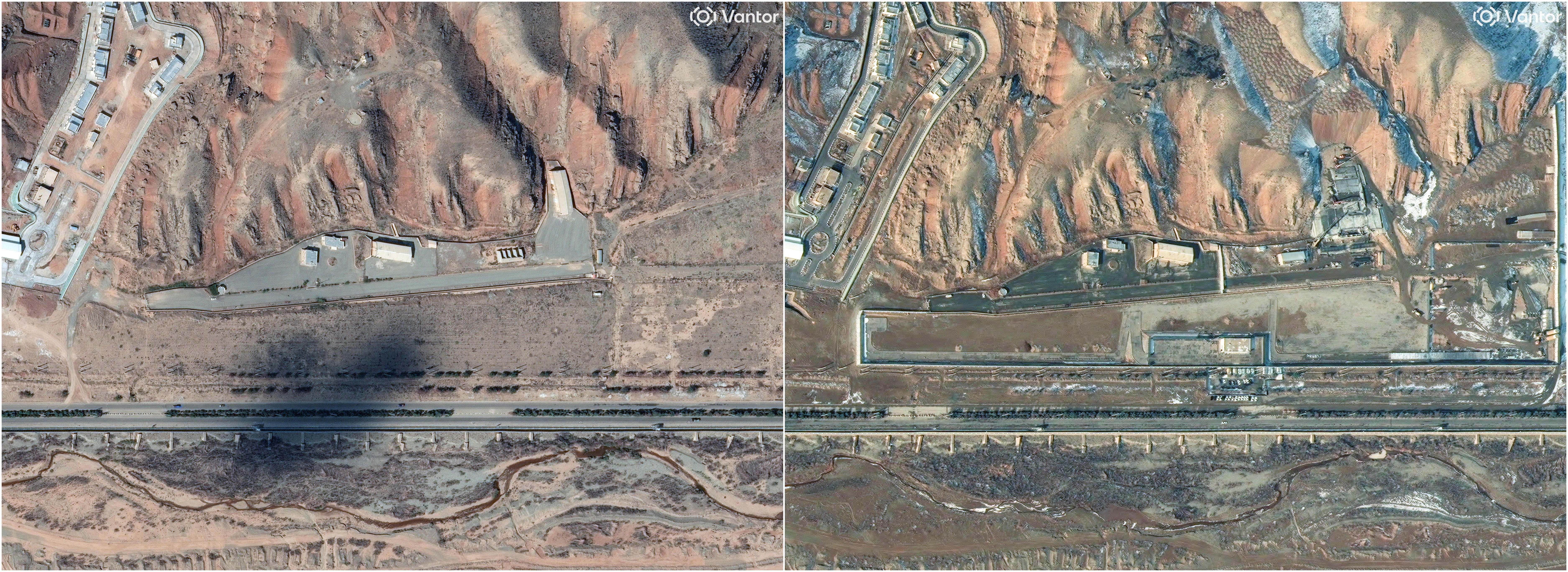 Satellite images show the Parchin military complex before Israeli strikes in October 2024 (left) and the site covered with concrete in January 2026 (right). Planet Labs PBC/Handout via REUTERS