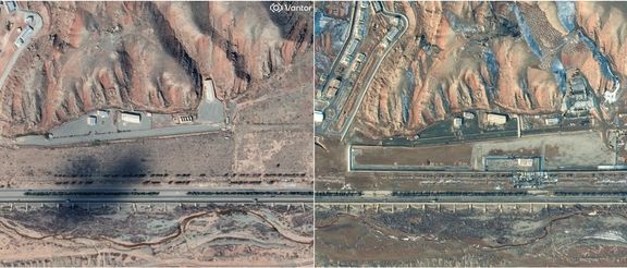 Satellite images show the Parchin military complex before Israeli strikes in October 2024 (left) and the site covered with concrete in January 2026 (right). Planet Labs PBC/Handout via REUTERS