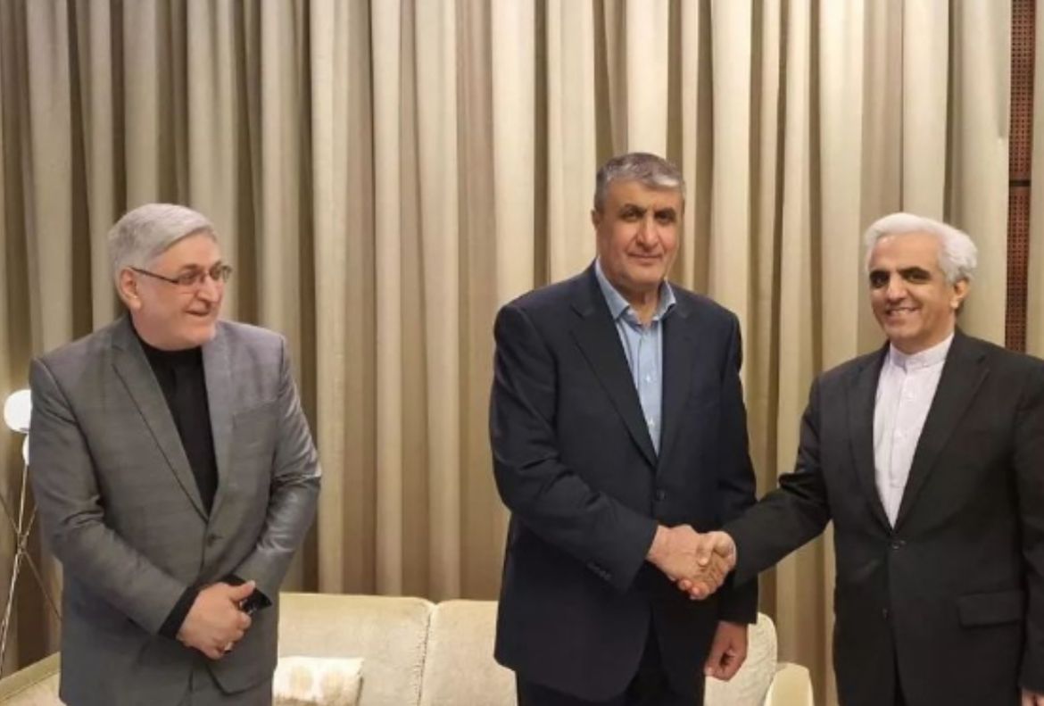 Iran’s nuclear cheif Mohammad Eslami (middle) arrived in Vienna on September 15, 2024.