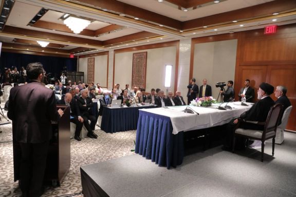 Iranian President Ebrahim Raisi during a press conference with a cherrypicked group of media representatives in New York on September 21, 2023
