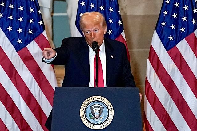 President Donald Trump speaks during the annual National Prayer Breakfast, Washington, U.S., February 6, 2025.