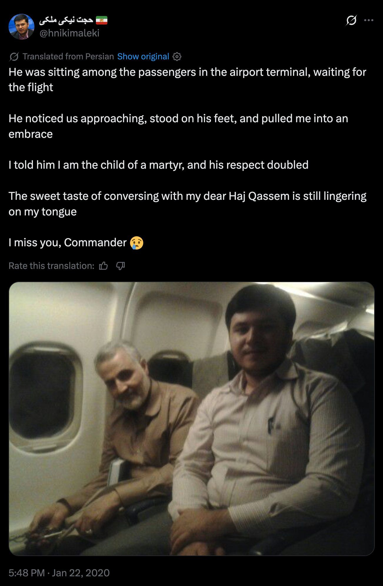 A social media post by Hojjat Niki-Maleki shows him seated next to Qassem Soleimani on a plane.