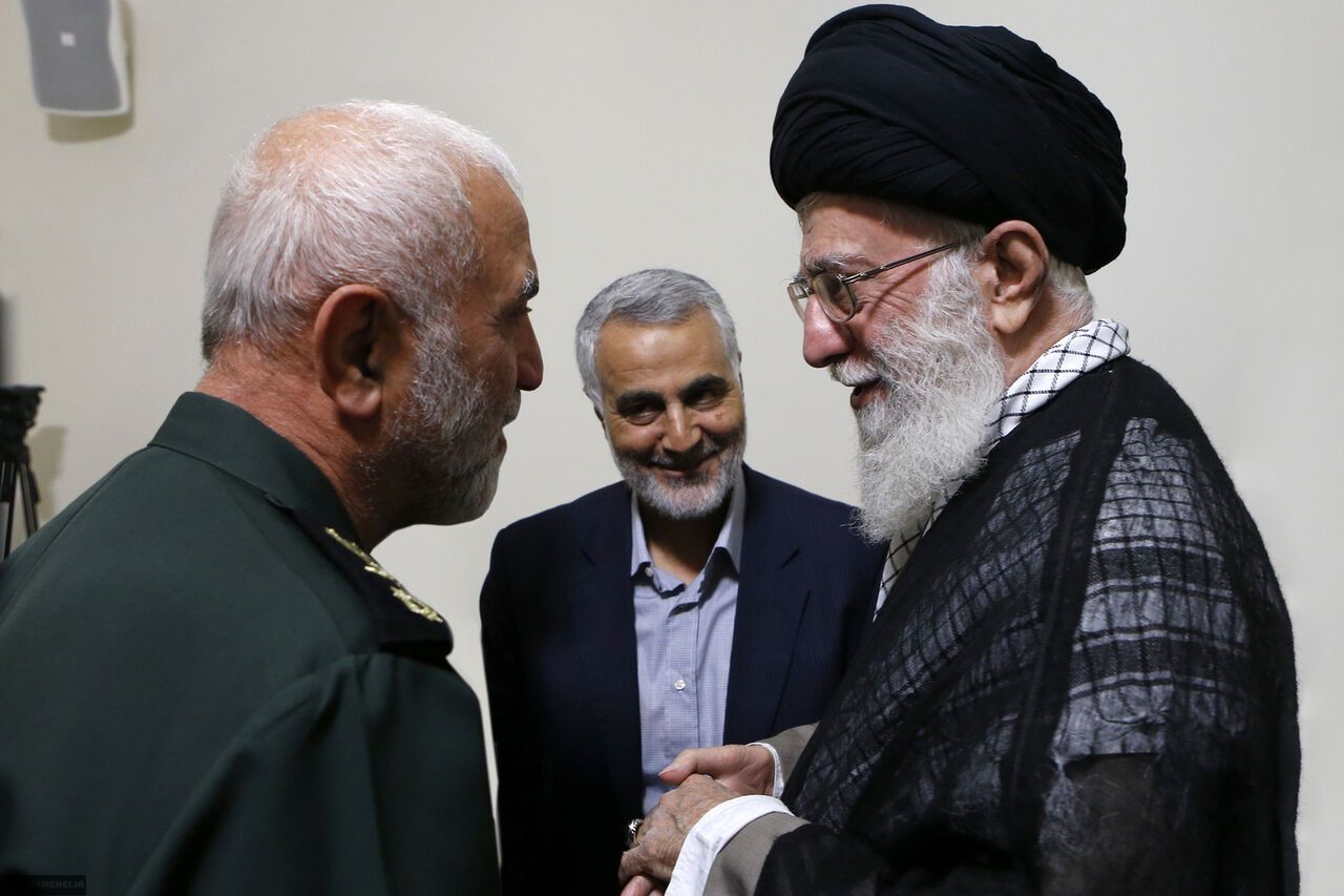 Gen. Hossein Hamedani meeting with Supreme Leader Ali Khamenei in the presence of Qasem Soleimani. Undated