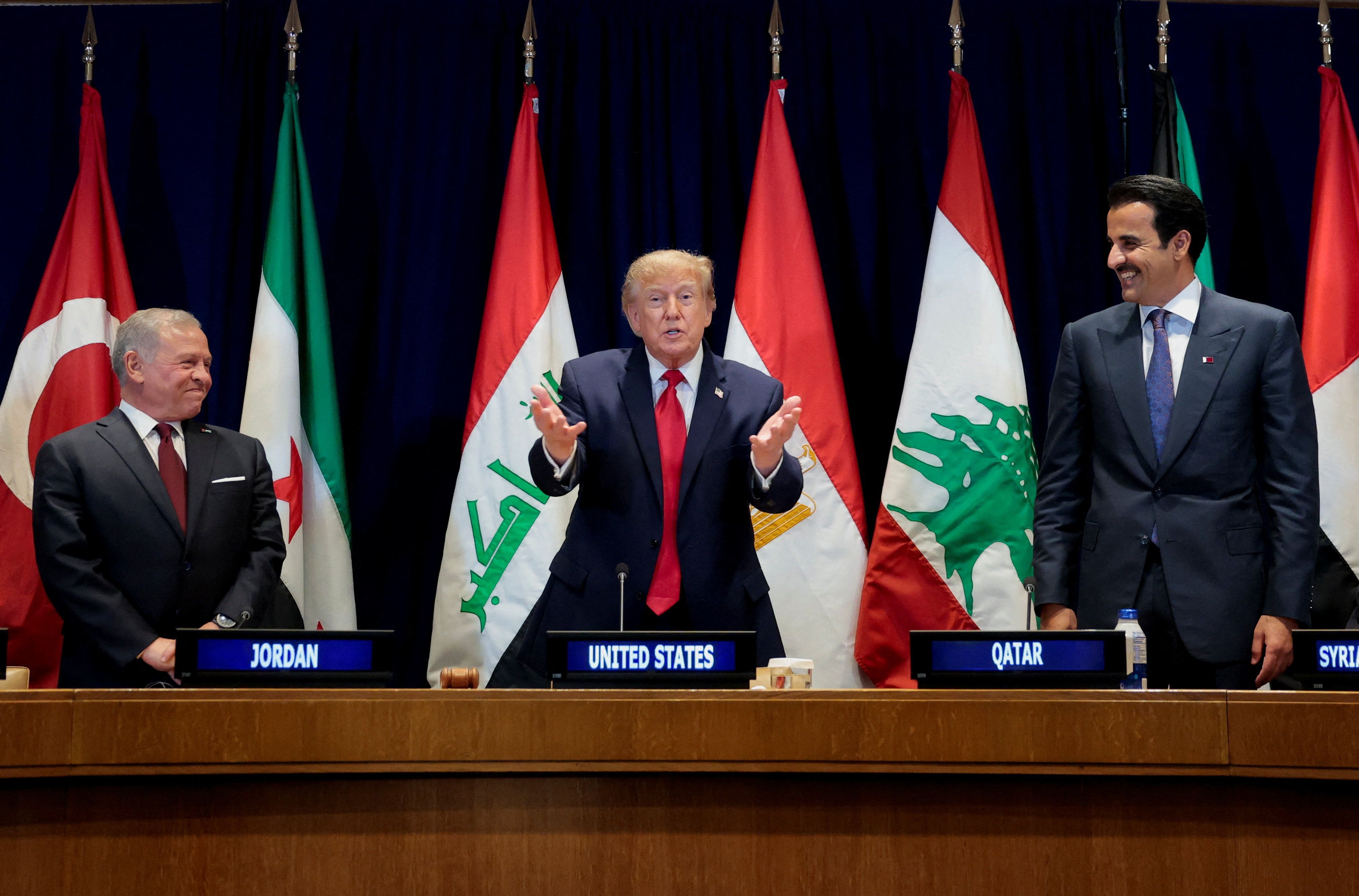 US President Donald Trump speaks next to Jordan's King Abdullah II and Qatar's Emir Sheikh Tamim bin Hamad Al Thani during a multilateral meeting with leaders from the Persian Gulf Cooperation Council, which includes the United Arab Emirates (UAE), Qatar, Bahrain, Kuwait, and Oman, during the 81st United Nations General Assembly (UNGA) in New York City, US, September 22, 2026.