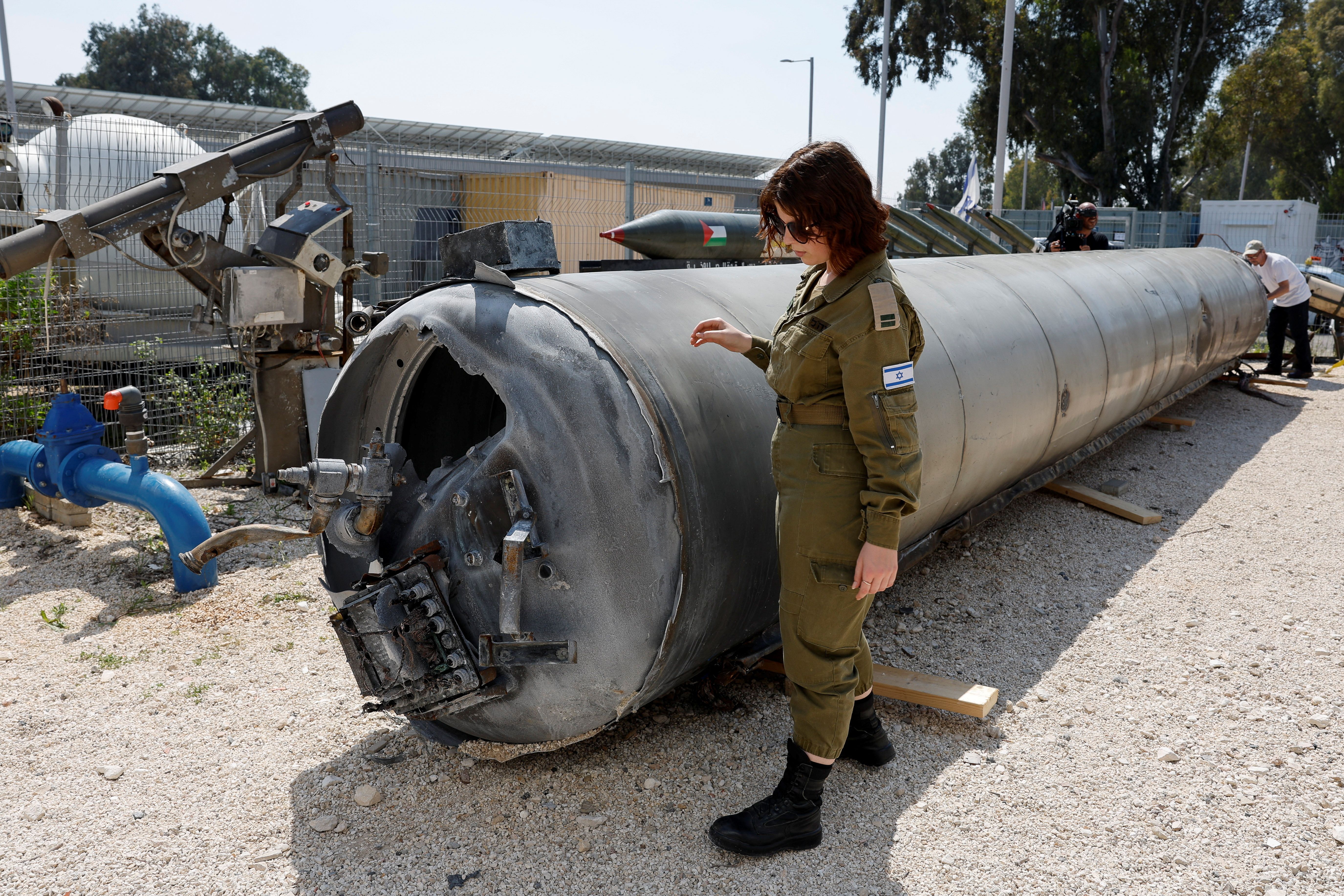 Israel's military displays what they say is an Iranian ballistic missile which they retrieved from the Dead Sea after Iran launched drones and missiles towards Israel, at Julis military base, in southern Israel April 16, 2024. 