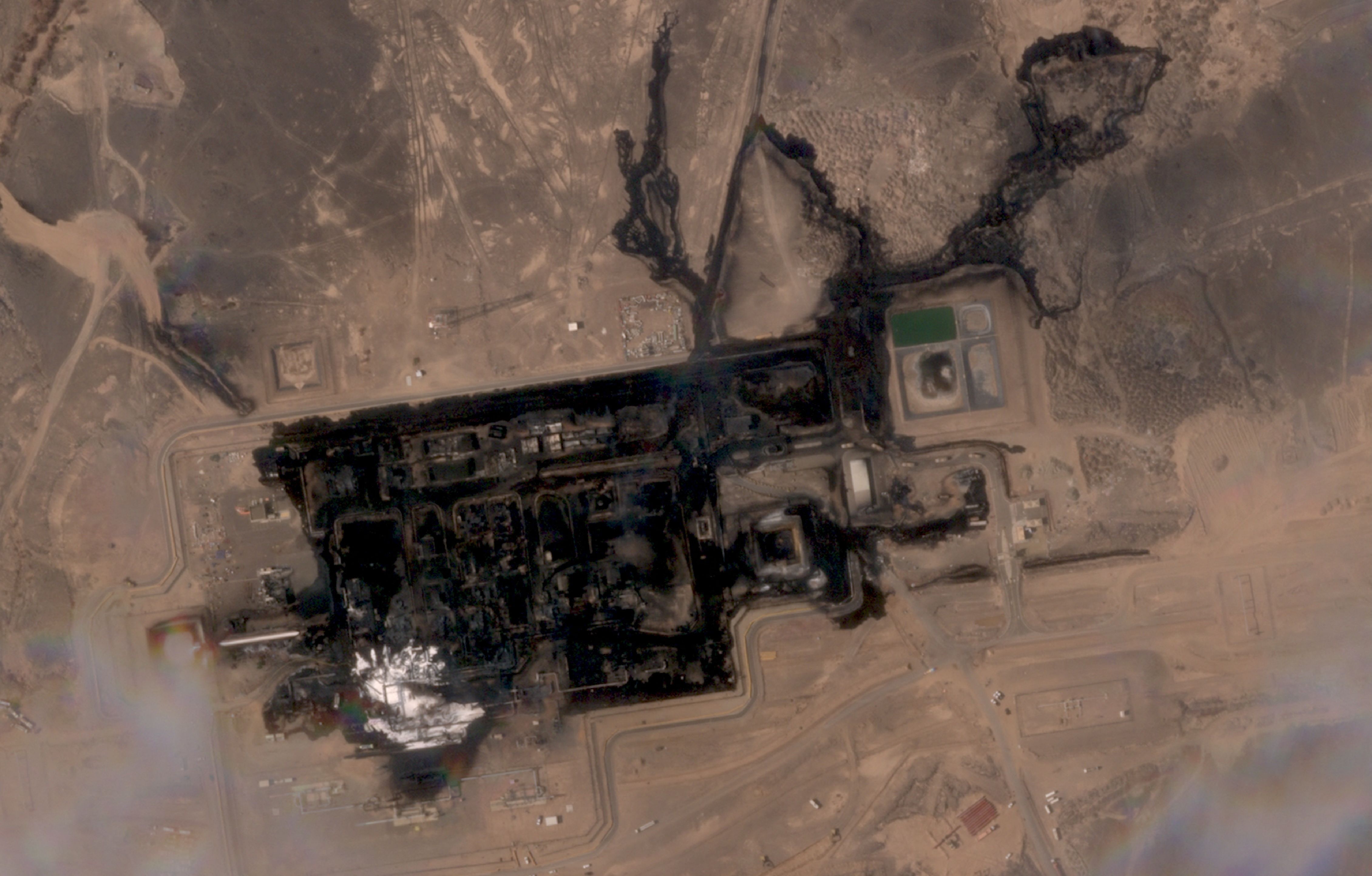 A satellite image taken September 11, 2025, shows the aftermath of a September 10, 2026, attack on a pumping station on Saudi Arabia's East-West Pipeline. 