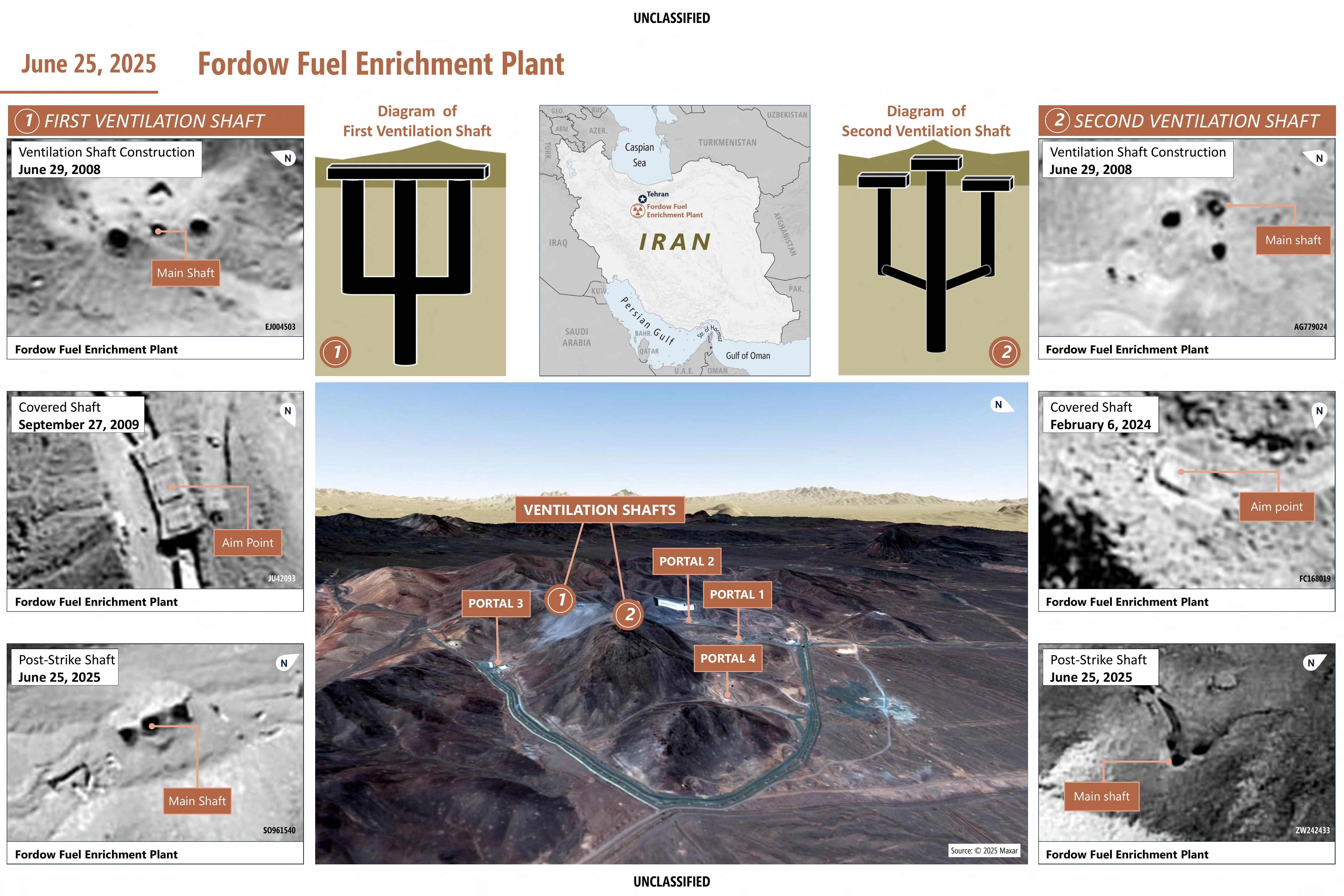 A graphic depicting Iran's Fordow Fuel Enrichment Plant is shown in this image released by the Pentagon in Washington, DC, on June 26, 2025. Courtesy of the US Department of Defense/Handout via REUTERS.