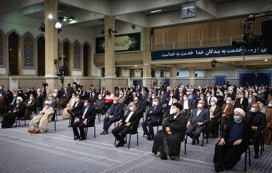 Former Iranian president Hassan Rouhani at the front row of Khamenei's gathering. April 12, 2022