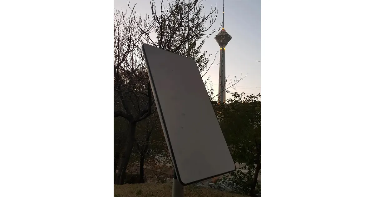 Starlink satellite dish set up near the iconic Milad Tower in Tehran (Undated)
