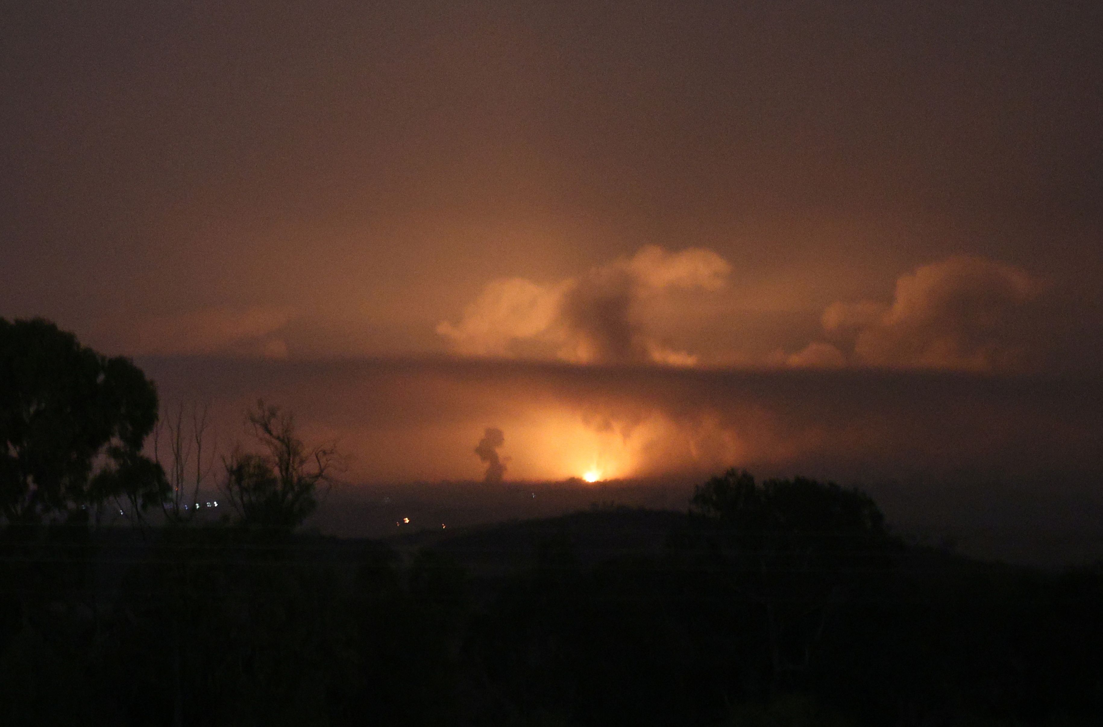 A view of explosion in Gaza, seen from Sderot in southern Israel, October 27, 2023. 